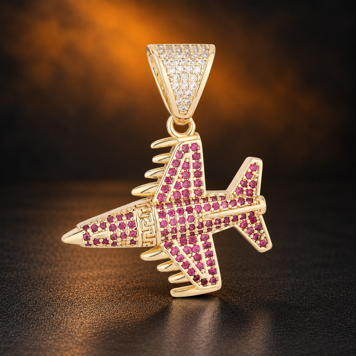 1138 |O| Brass Iced Out Red CZ Fighter Jet Airplane Pendant | Gold-Plated