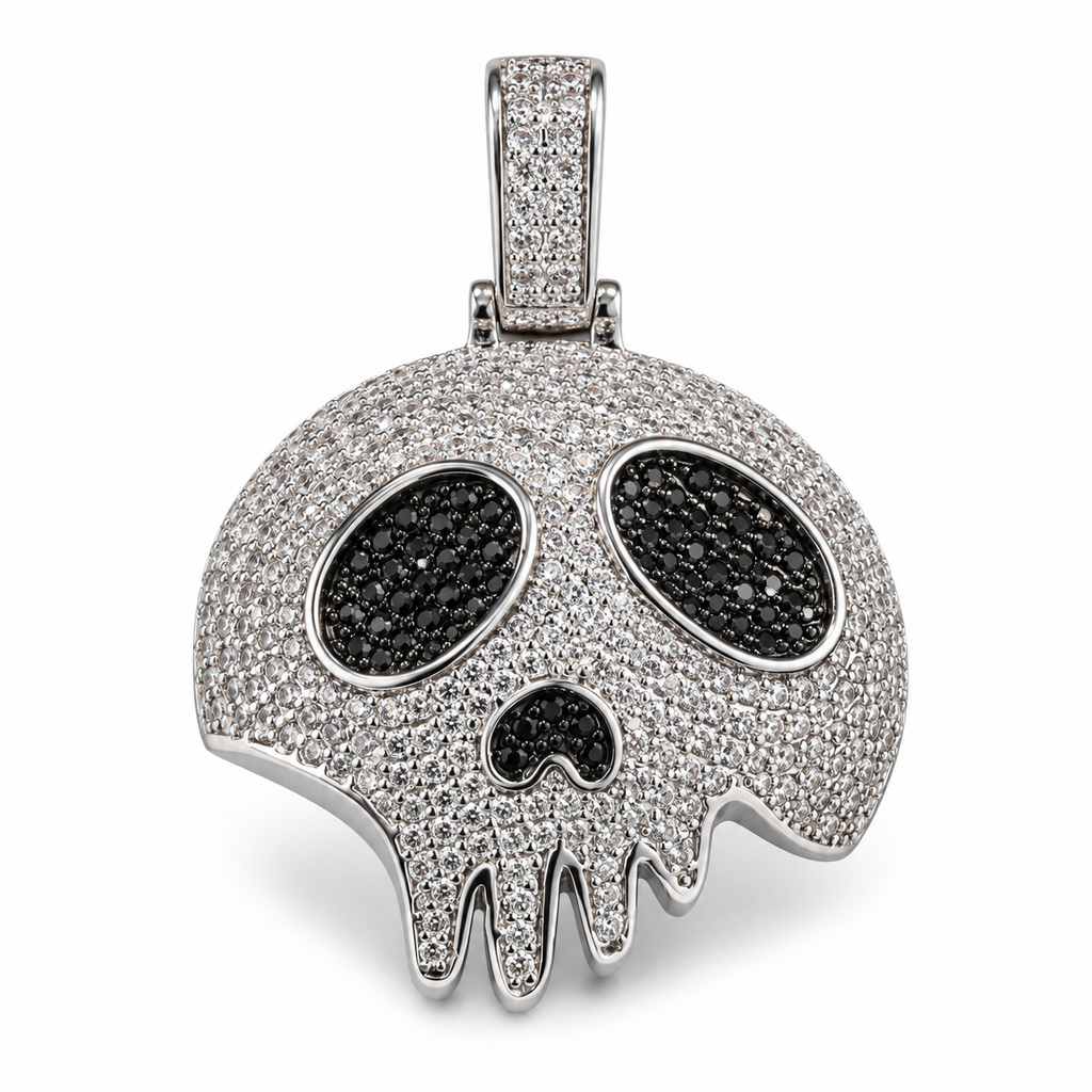Iced Broken Skull CZ Pendant – Silver Plated – image 1