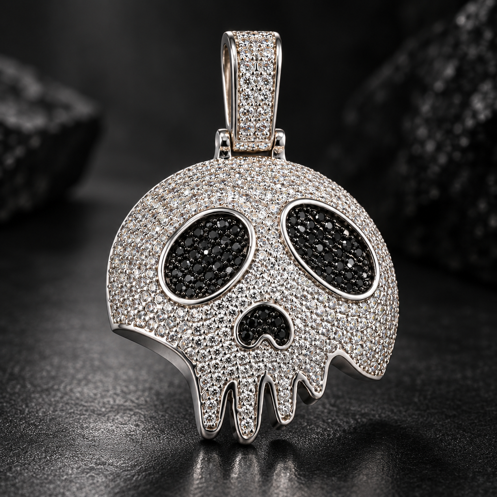 Iced Broken Skull CZ Pendant – Silver Plated – image 3
