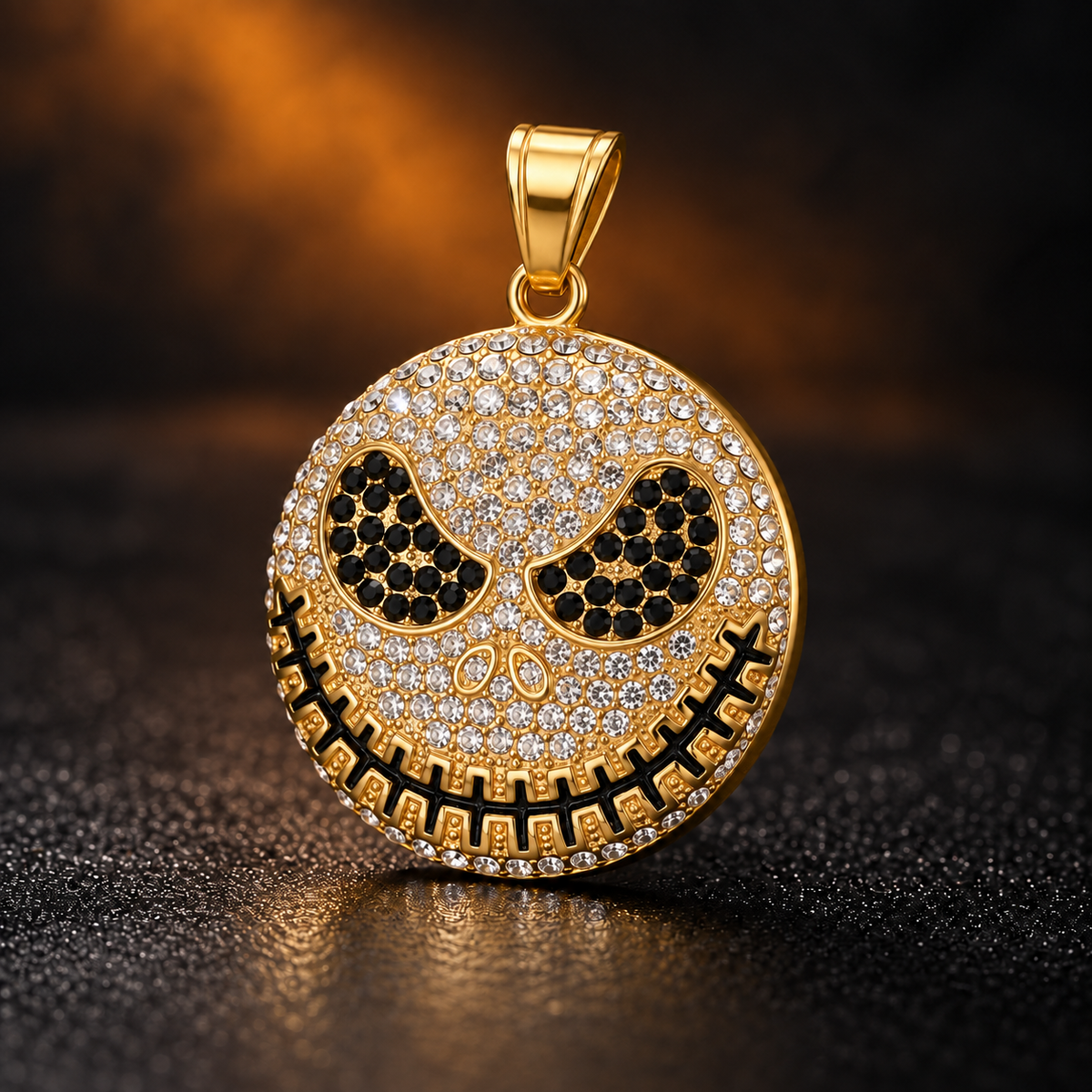 1003 HQ Iced Smiley Skull CZ Pendant – Gold Plated 316L