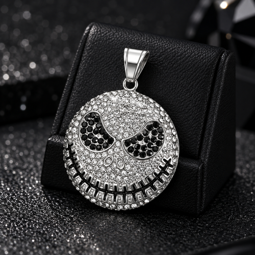 Iced Smiley Skull CZ Pendant – Silver Plated 316L – image 2