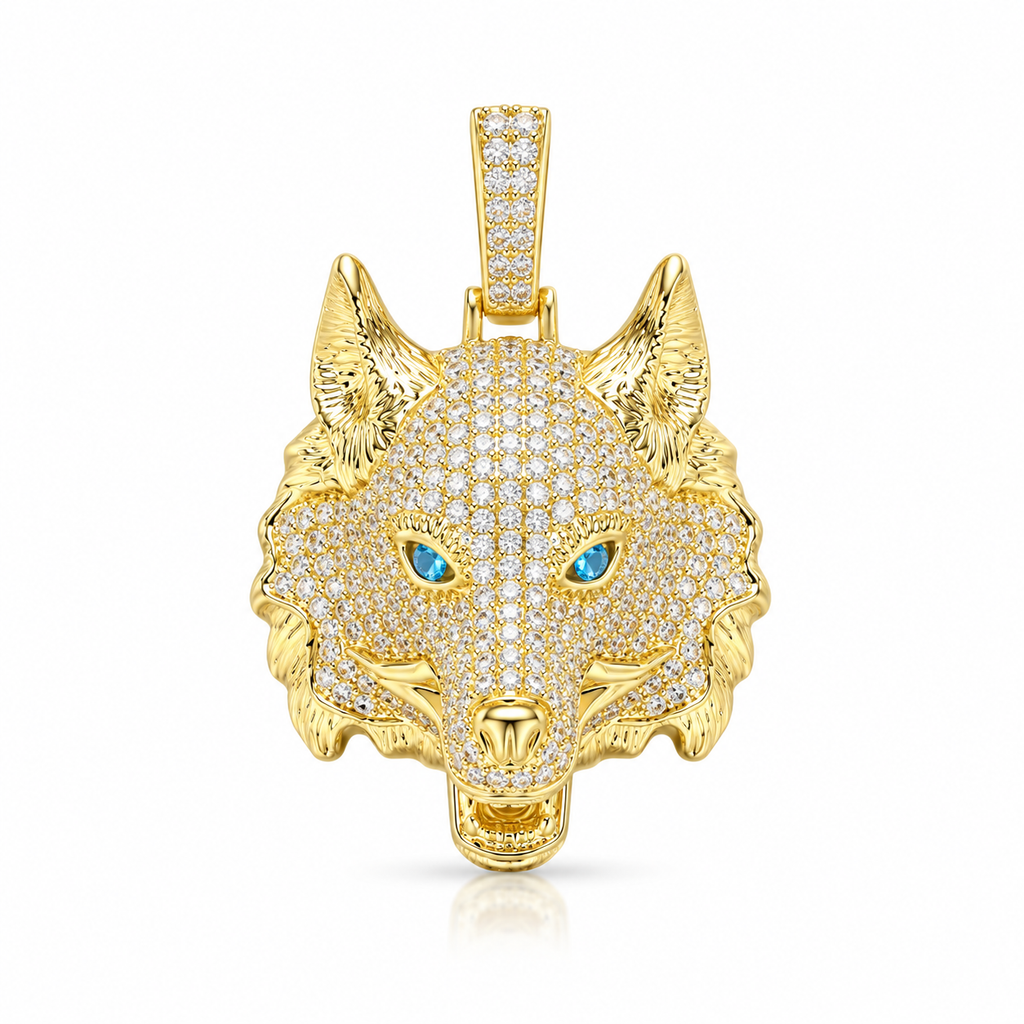 Iced Wolf Head CZ Pendant – Gold Plated Brass – image 1