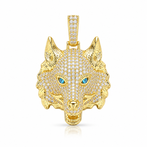 Iced Wolf Head CZ Pendant – Gold Plated Brass – image 1