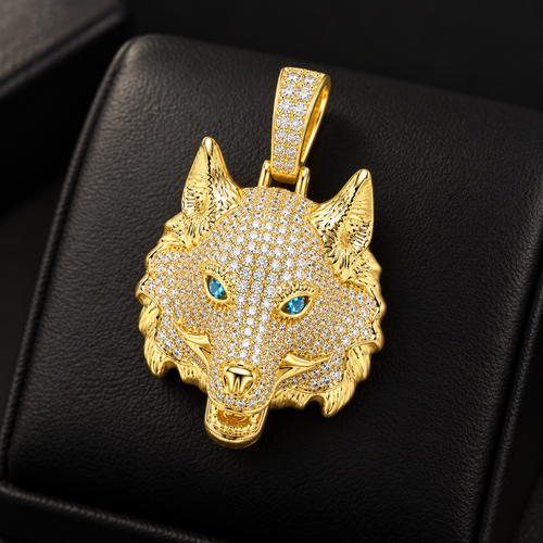 Iced Wolf Head CZ Pendant – Gold Plated Brass – image 2