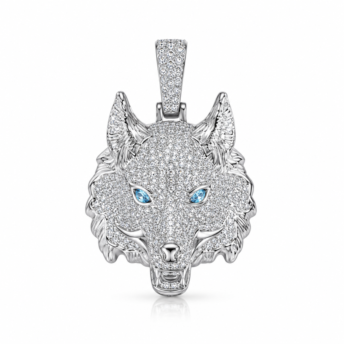 Iced Wolf Head CZ Pendant – Silver Plated Brass – image 1