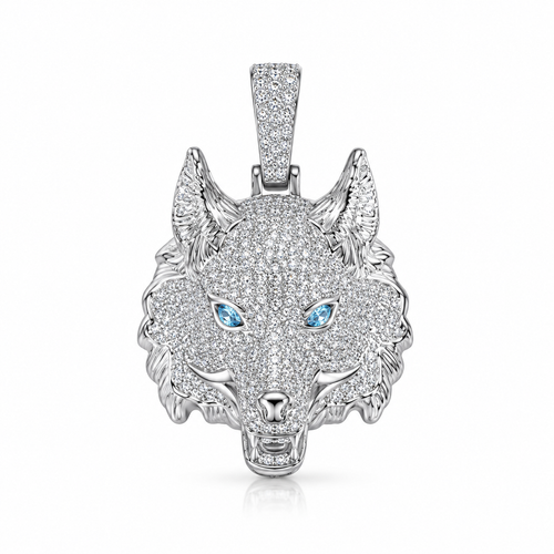 Iced Wolf Head CZ Pendant – Silver Plated Brass – image 1