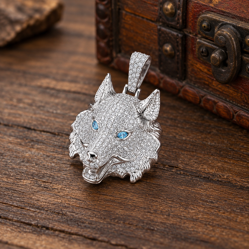 Iced Wolf Head CZ Pendant – Silver Plated Brass – image 2