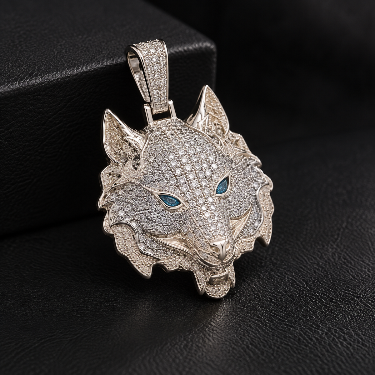 Iced Wolf Head CZ Pendant – Silver Plated Brass – image 3