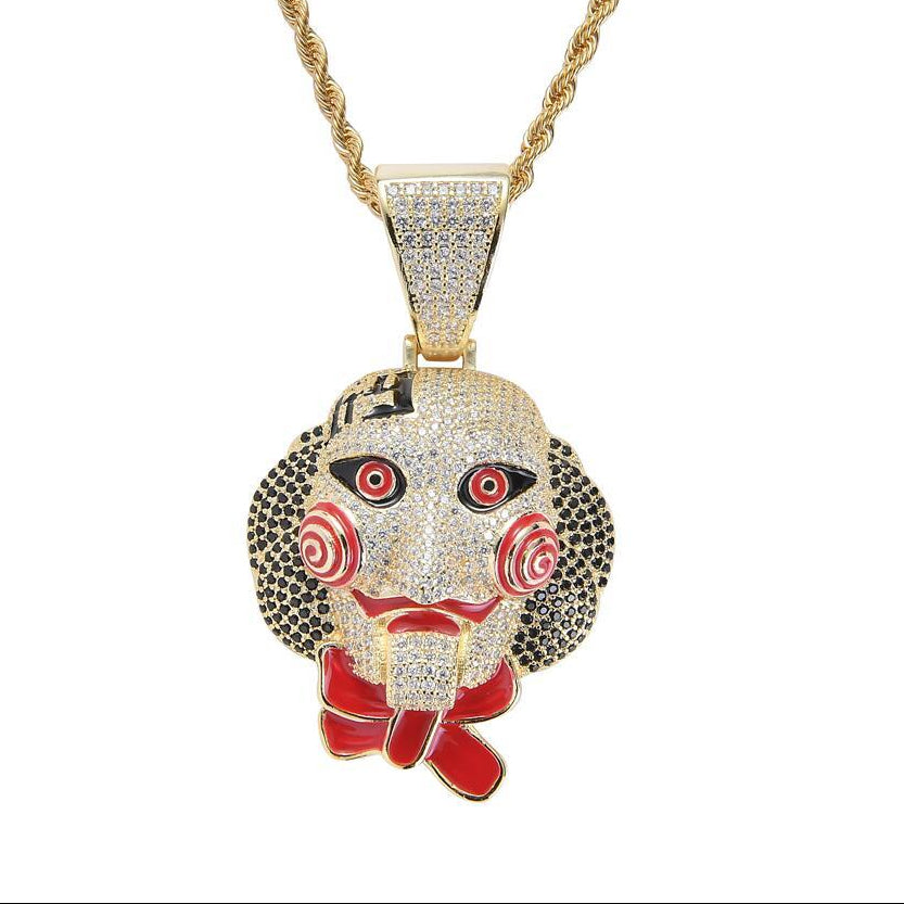 1018 HQ Iced Horror Puppet Face CZ Pendant – Gold Plated Brass