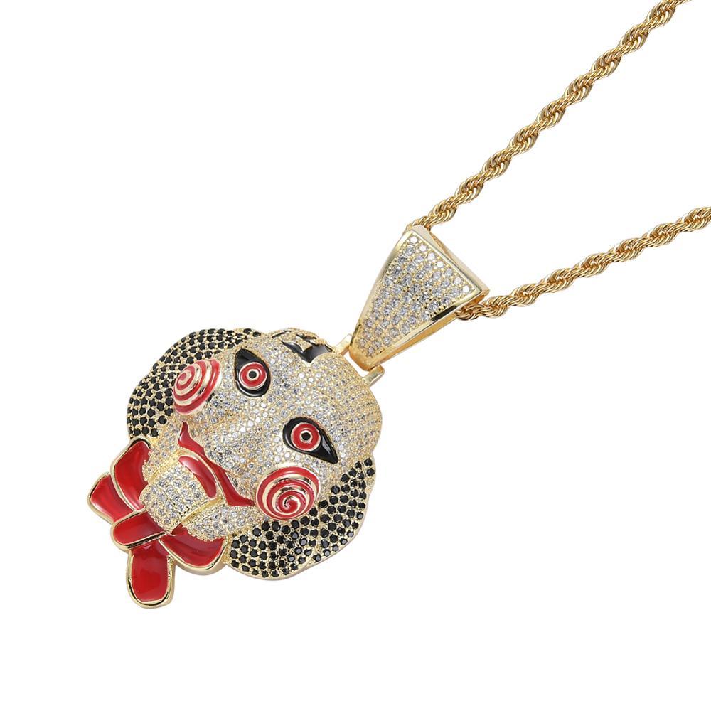 1018 HQ Iced Horror Puppet Face CZ Pendant – Gold Plated Brass
