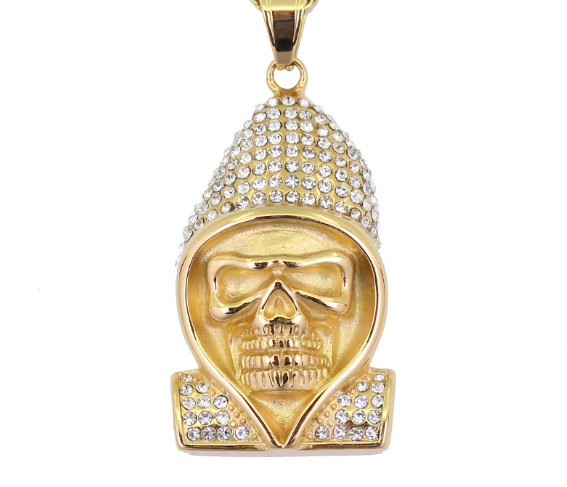 1024 HQ Iced Hooded Skull Rhinestone Pendant – 18K Gold Plated Stainless Steel