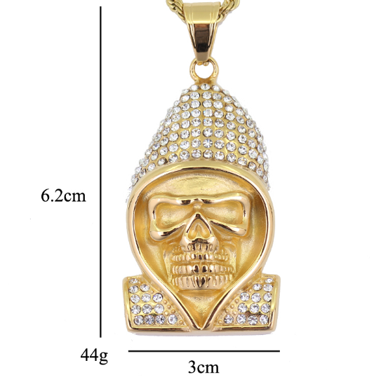 1024 HQ Iced Hooded Skull Rhinestone Pendant – 18K Gold Plated Stainless Steel