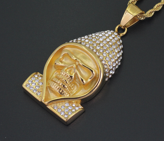 1024 HQ Iced Hooded Skull Rhinestone Pendant – 18K Gold Plated Stainless Steel