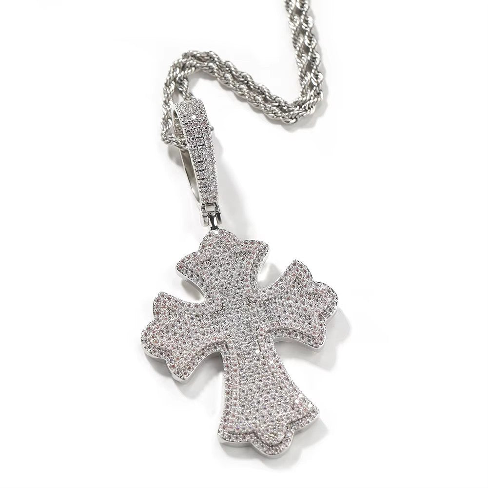 1032 HQ Iced Gothic Cross CZ Pendant – Silver Plated Brass