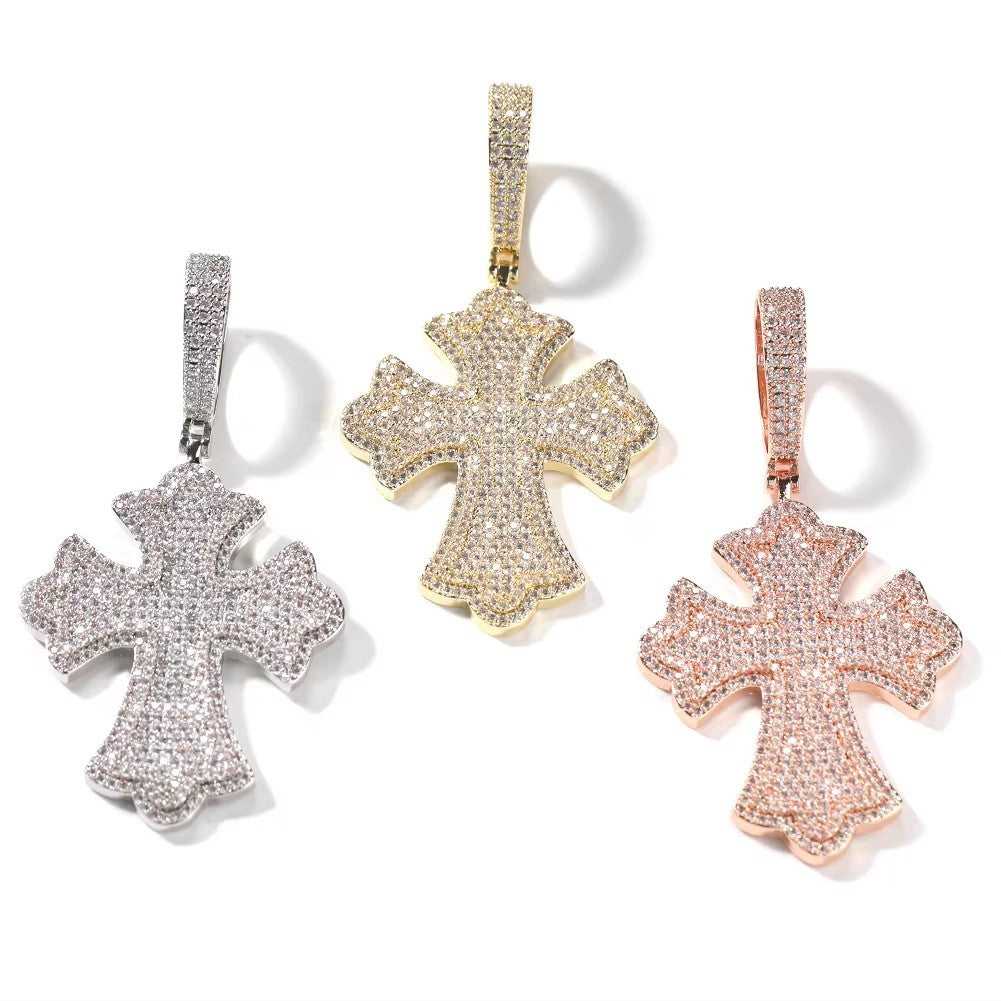 1032 HQ Iced Gothic Cross CZ Pendant – Silver Plated Brass