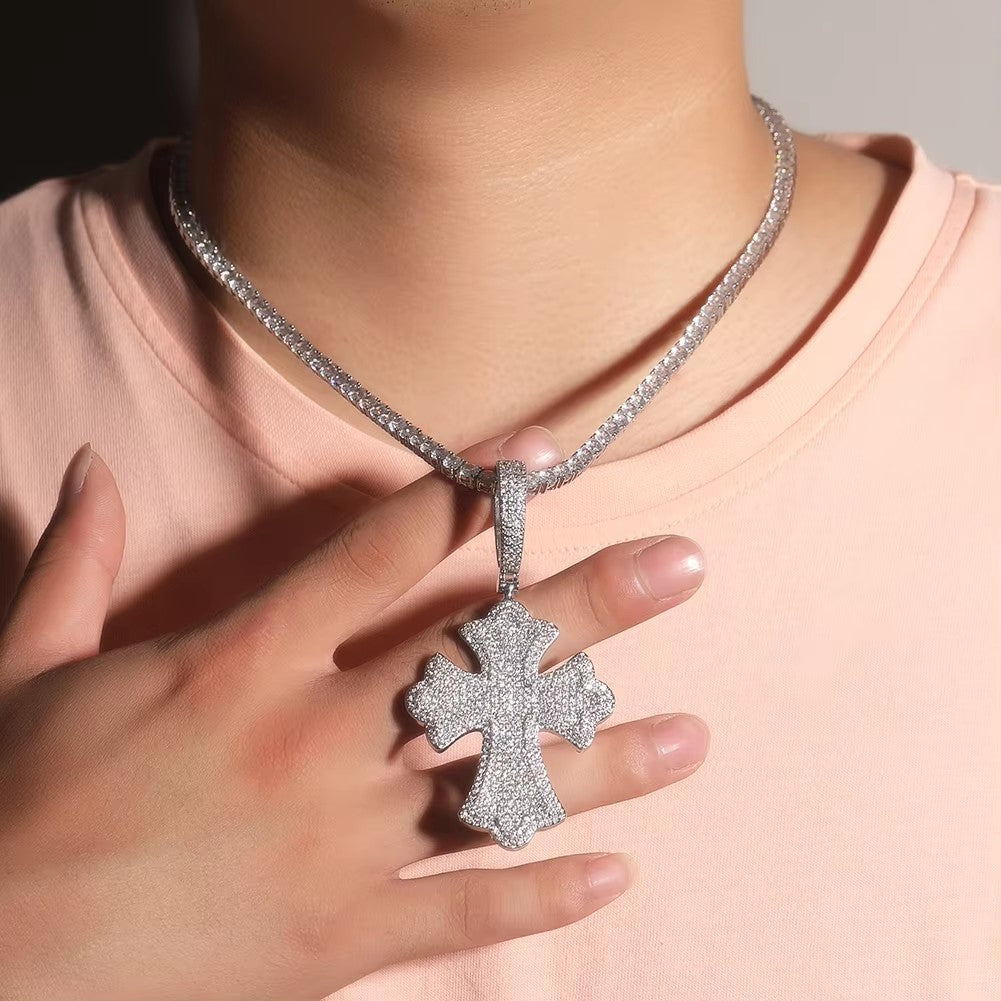 1032 HQ Iced Gothic Cross CZ Pendant – Silver Plated Brass