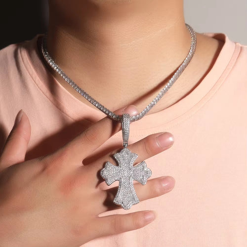 1032 HQ Iced Gothic Cross CZ Pendant – Silver Plated Brass