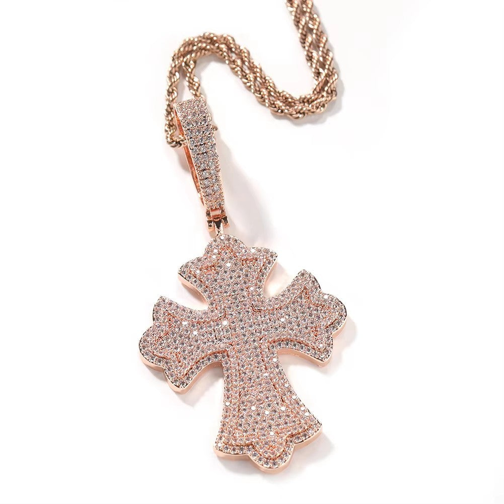 1033 HQ  Iced Gothic Cross CZ Pendant – Rose Gold Plated Brass