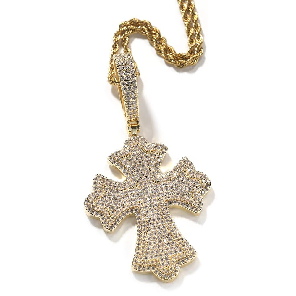 1034 HQ Iced Gothic Cross CZ Pendant – 18K Gold Plated Brass