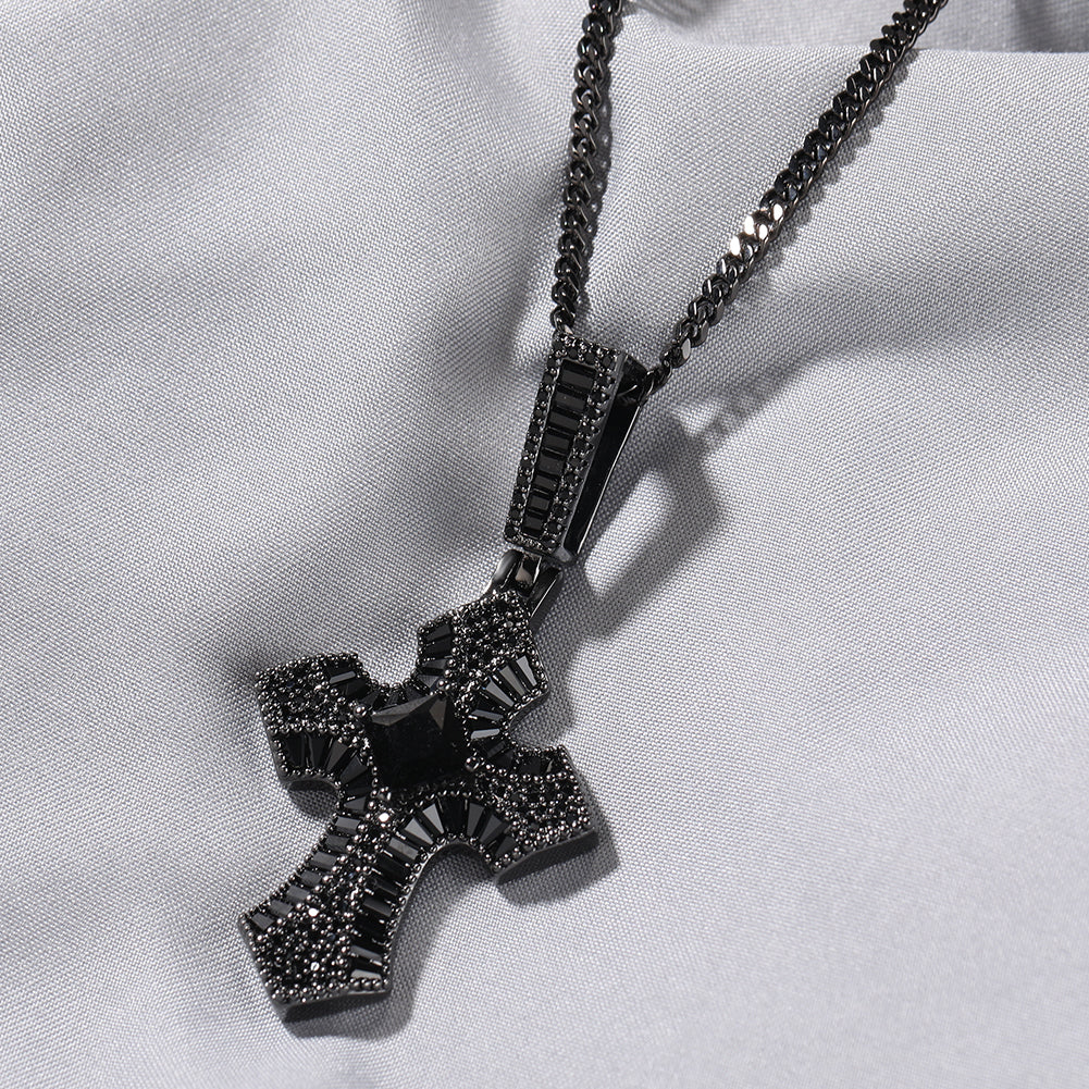 1035 HQ Iced Black Cross 5A CZ Pendant – Brass