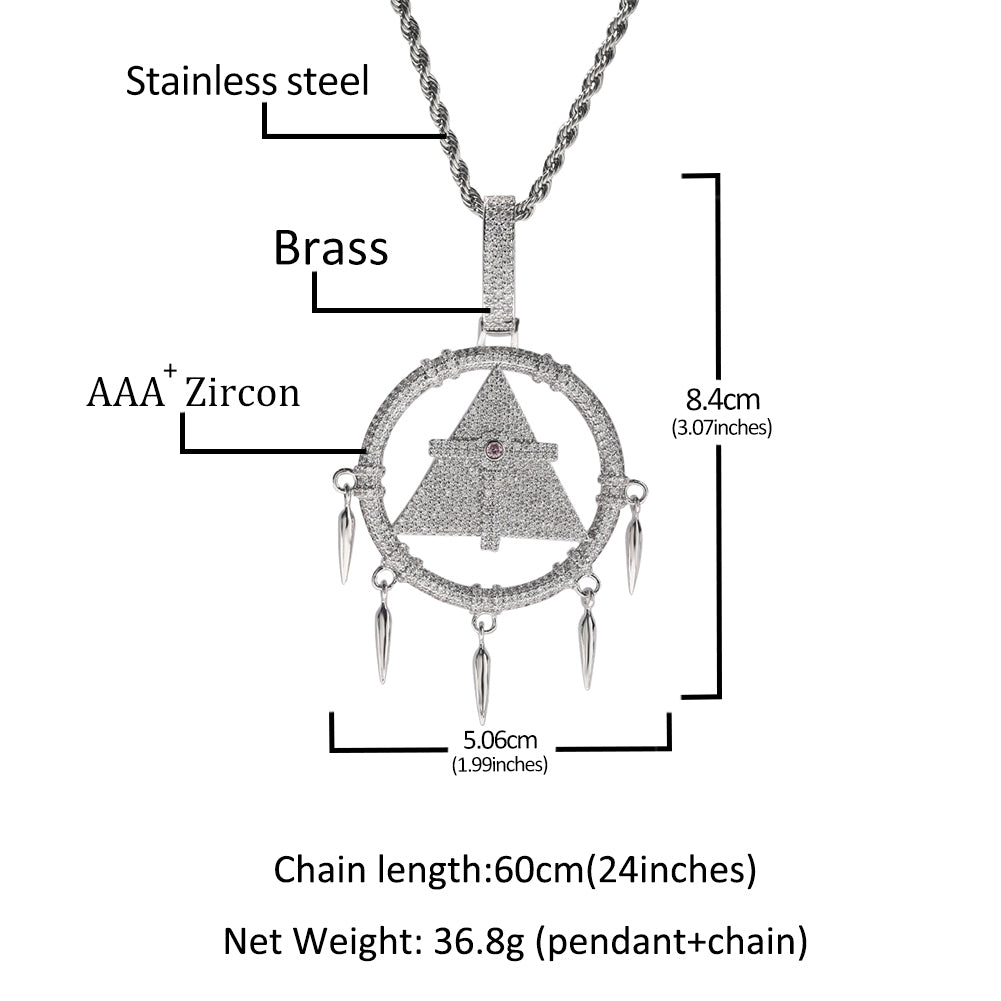 1036 HQ Iced Dream Catcher Millennium Wisdom Wheel CZ Pendant – Silver Tone Brass