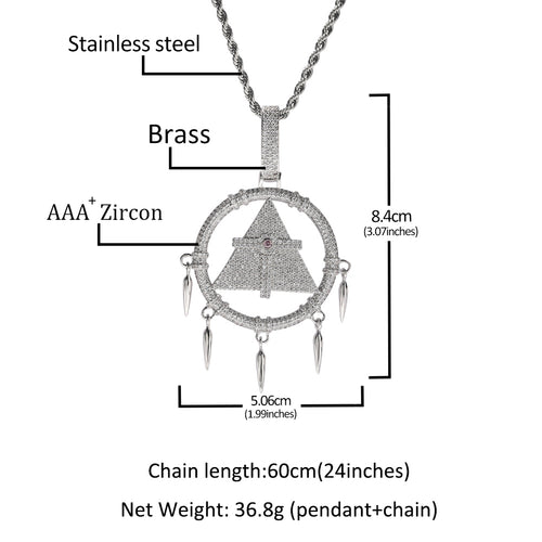 1036 HQ Iced Dream Catcher Millennium Wisdom Wheel CZ Pendant – Silver Tone Brass