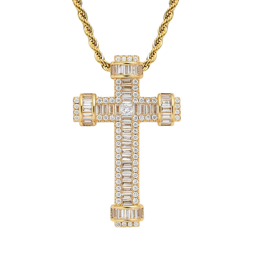 1037 HQ Iced Cross 3A CZ Pendant – 18K Gold Plated Brass