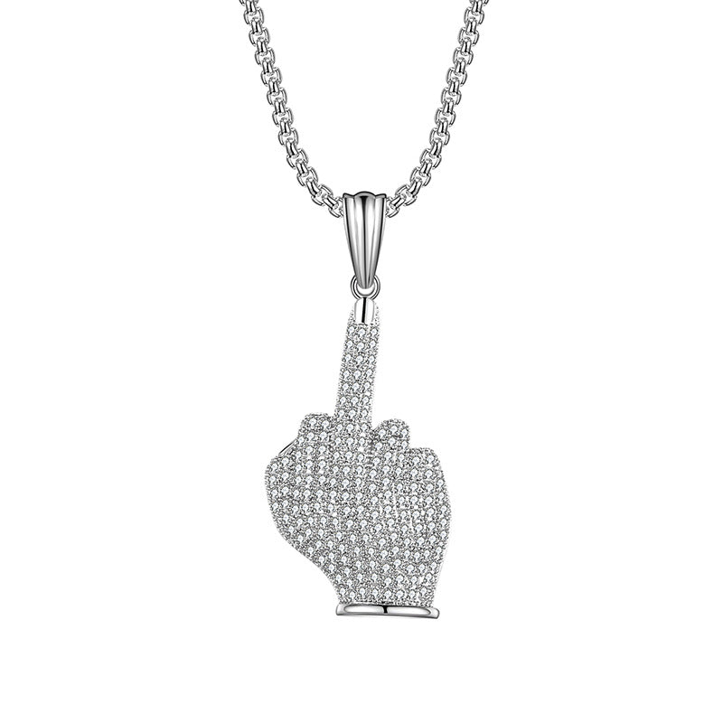 1042 Iced Middle Finger Pendant – Silver-Tone Electroplated Brass