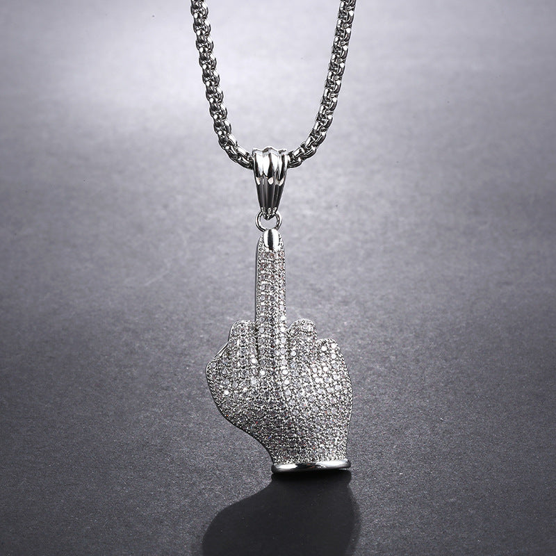 1042 Iced Middle Finger Pendant – Silver-Tone Electroplated Brass