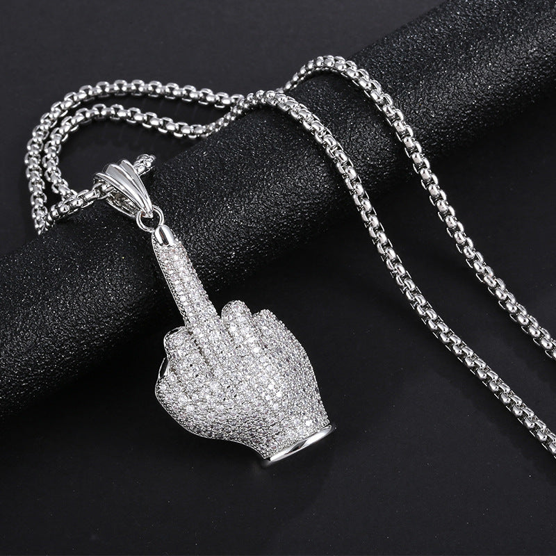 1042 Iced Middle Finger Pendant – Silver-Tone Electroplated Brass
