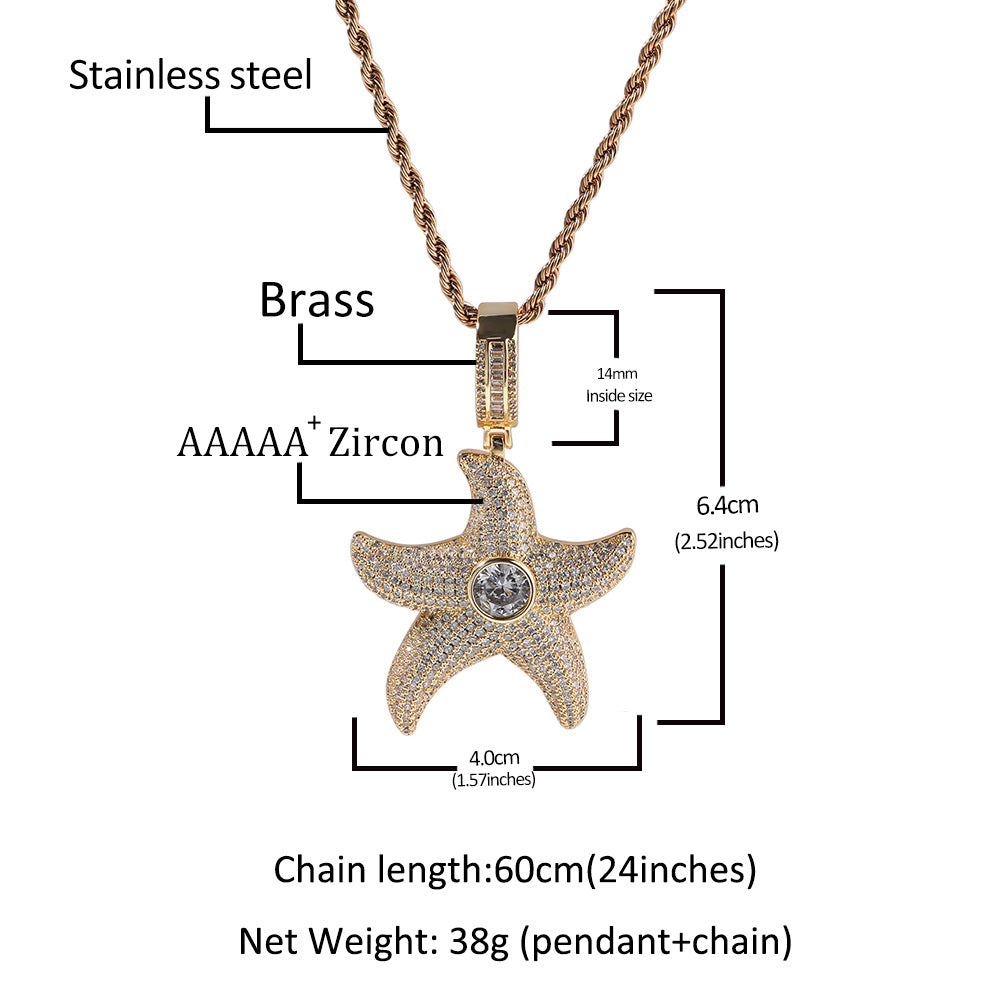 1045 HQ Iced Starfish 5A CZ Pendant – Gold-Plated Brass
