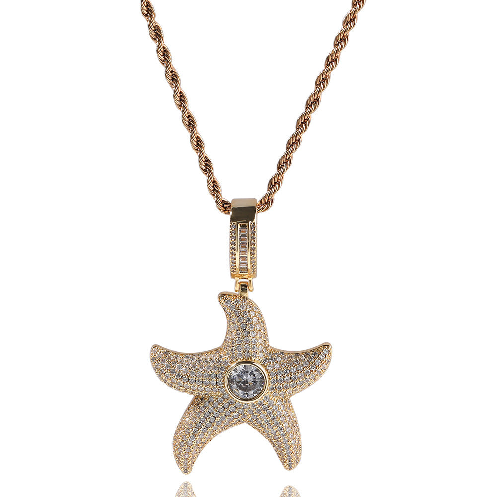 1045 HQ Iced Starfish 5A CZ Pendant – Gold-Plated Brass