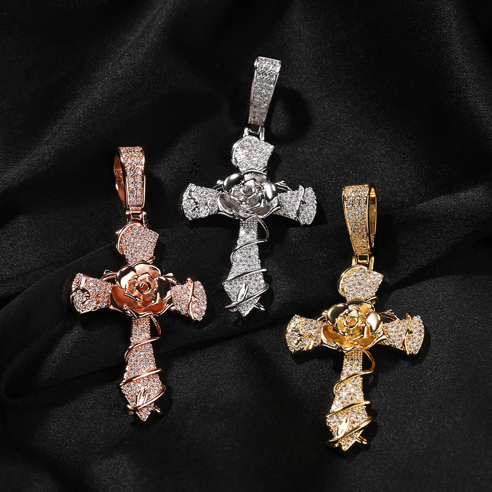 1046 HQ Iced Cross 5A CZ Pendant – Gold-Plated Brass
