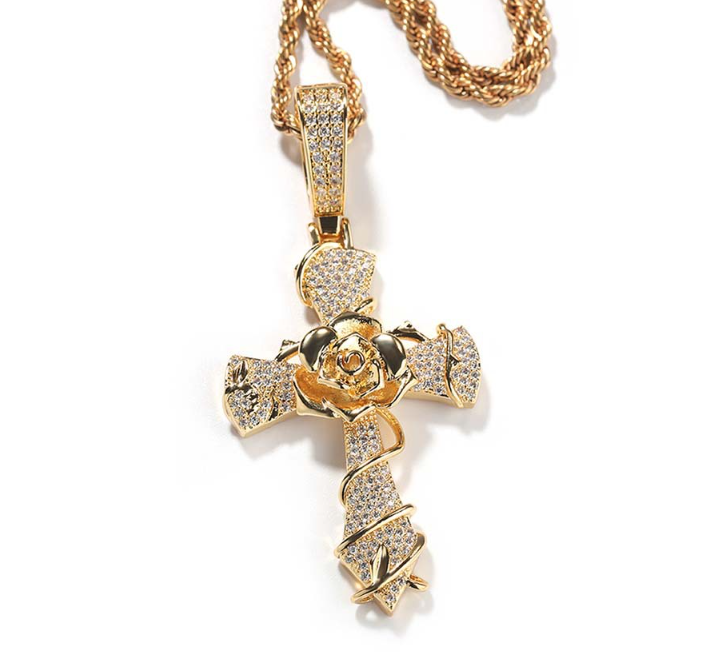 1046 HQ Iced Cross 5A CZ Pendant – Gold-Plated Brass