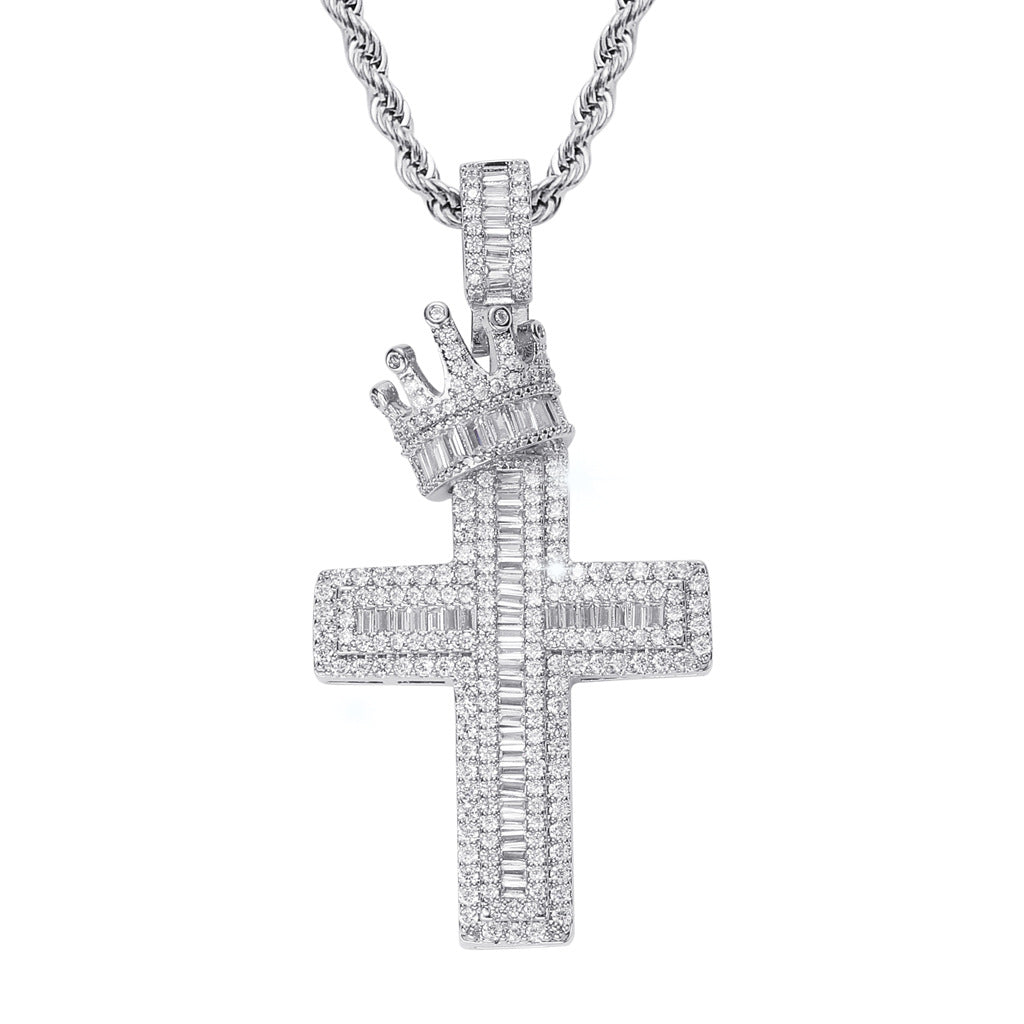 1047 Iced Crown Cross CZ Pendant – Silver-Tone Brass
