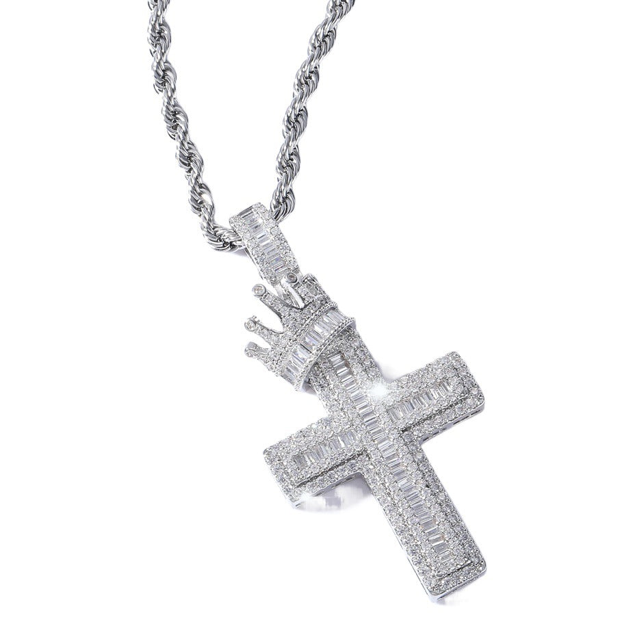 1047 Iced Crown Cross CZ Pendant – Silver-Tone Brass