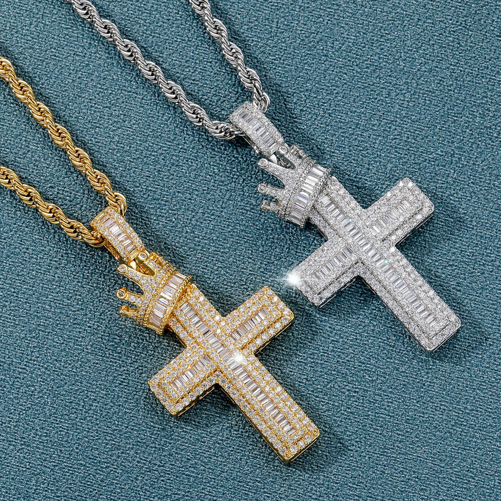 1047 Iced Crown Cross CZ Pendant – Silver-Tone Brass