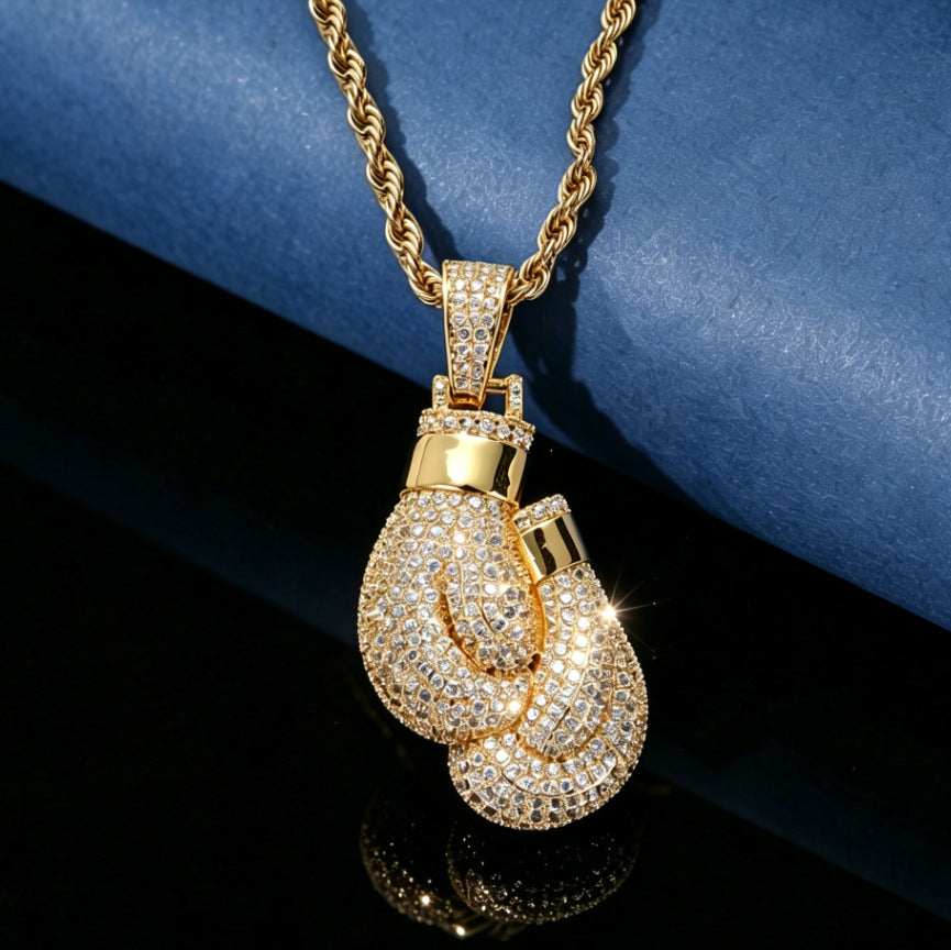 1055 Iced Boxing Gloves CZ Pendant – Gold-Plated Brass