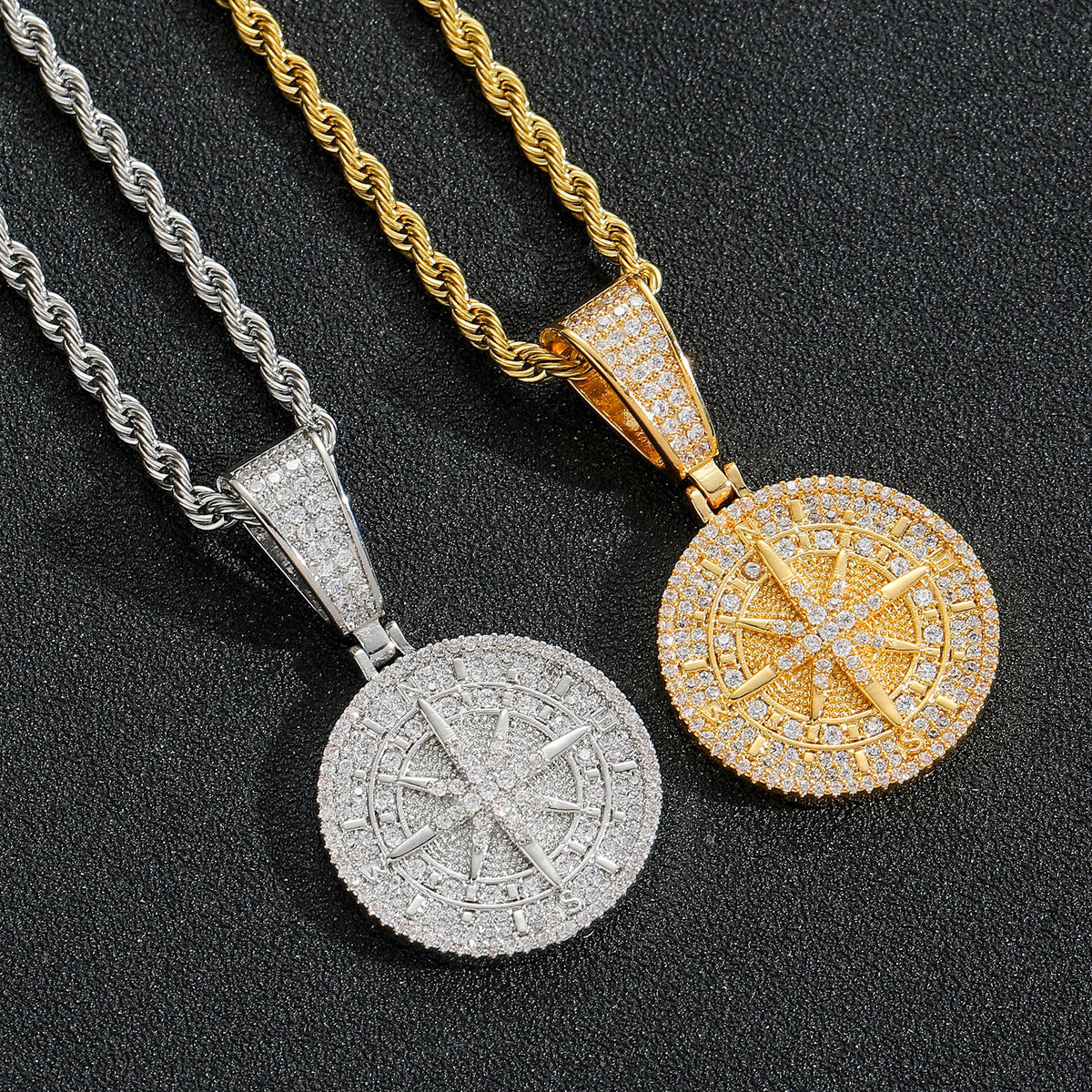 1056 Compass CZ Pendant – Silver-Plated Brass