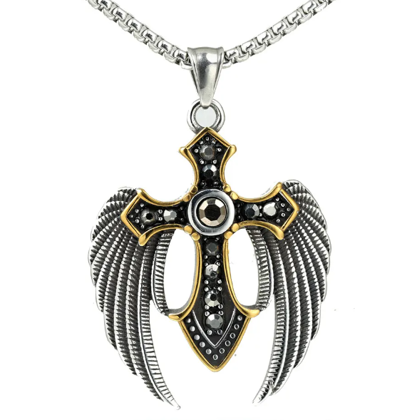 1063 Angel Wings Cross Rhinestone Pendant – Stainless Steel