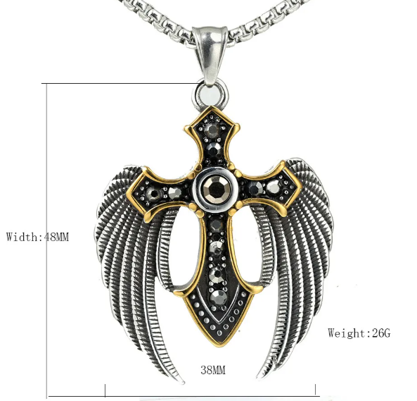 1063 Angel Wings Cross Rhinestone Pendant – Stainless Steel