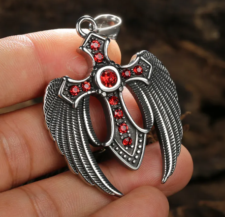 1064 Angel Wings Cross Rhinestone Pendant – Stainless Steel