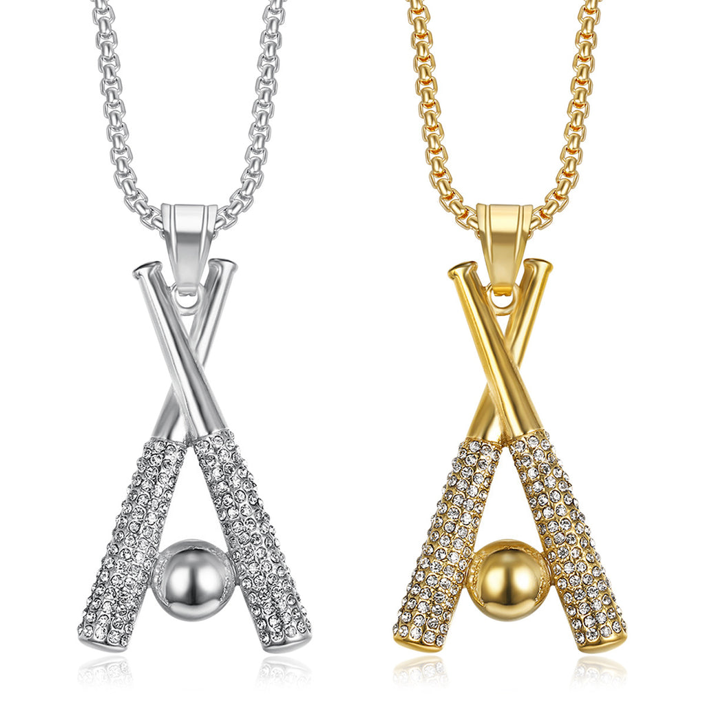 1069 Rhinestone Baseball Bat Pendant – Gold-Plated Stainless Steel
