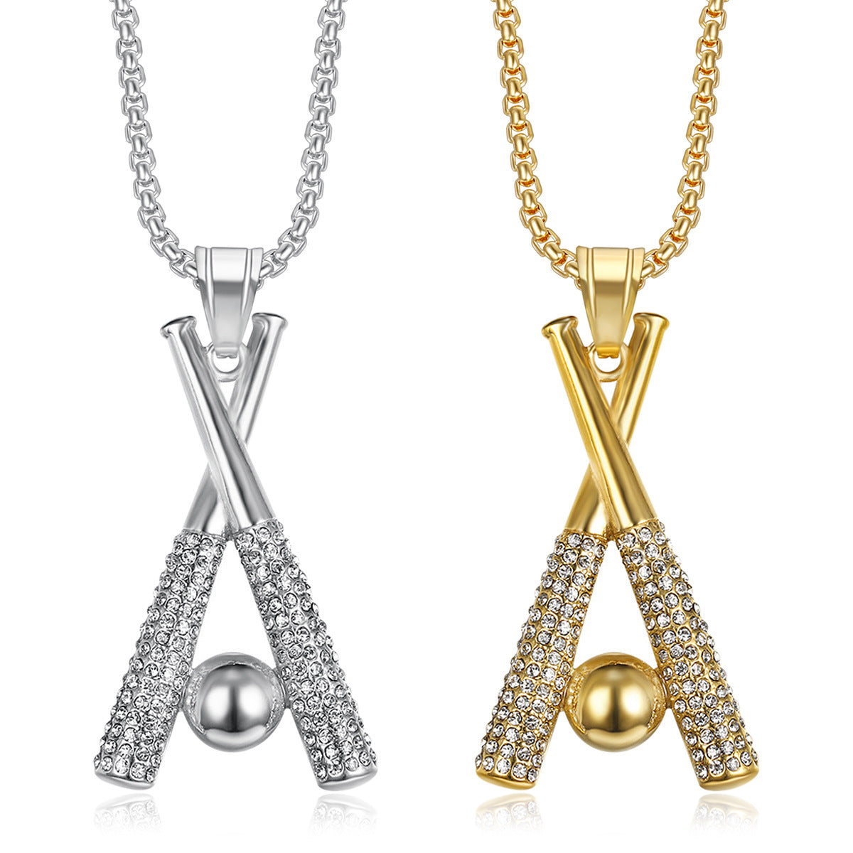 1069 Rhinestone Baseball Bat Pendant – Gold-Plated Stainless Steel