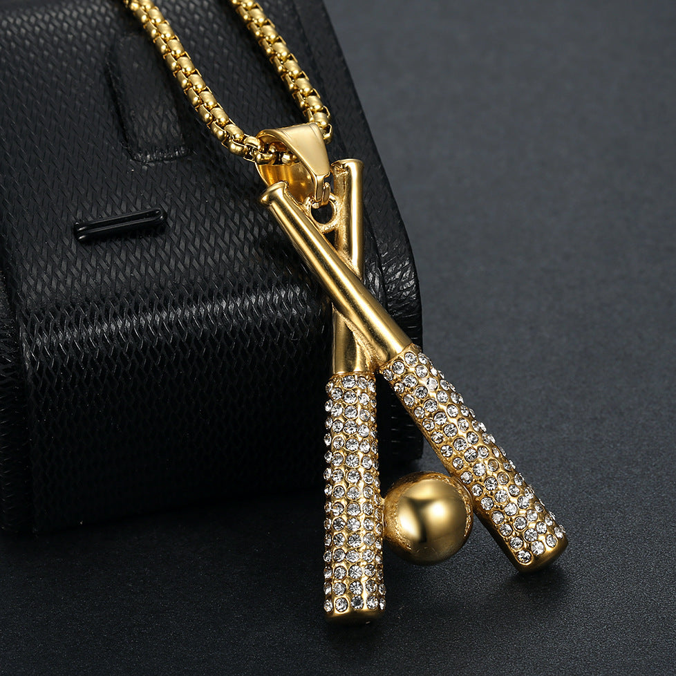 1069 Rhinestone Baseball Bat Pendant – Gold-Plated Stainless Steel