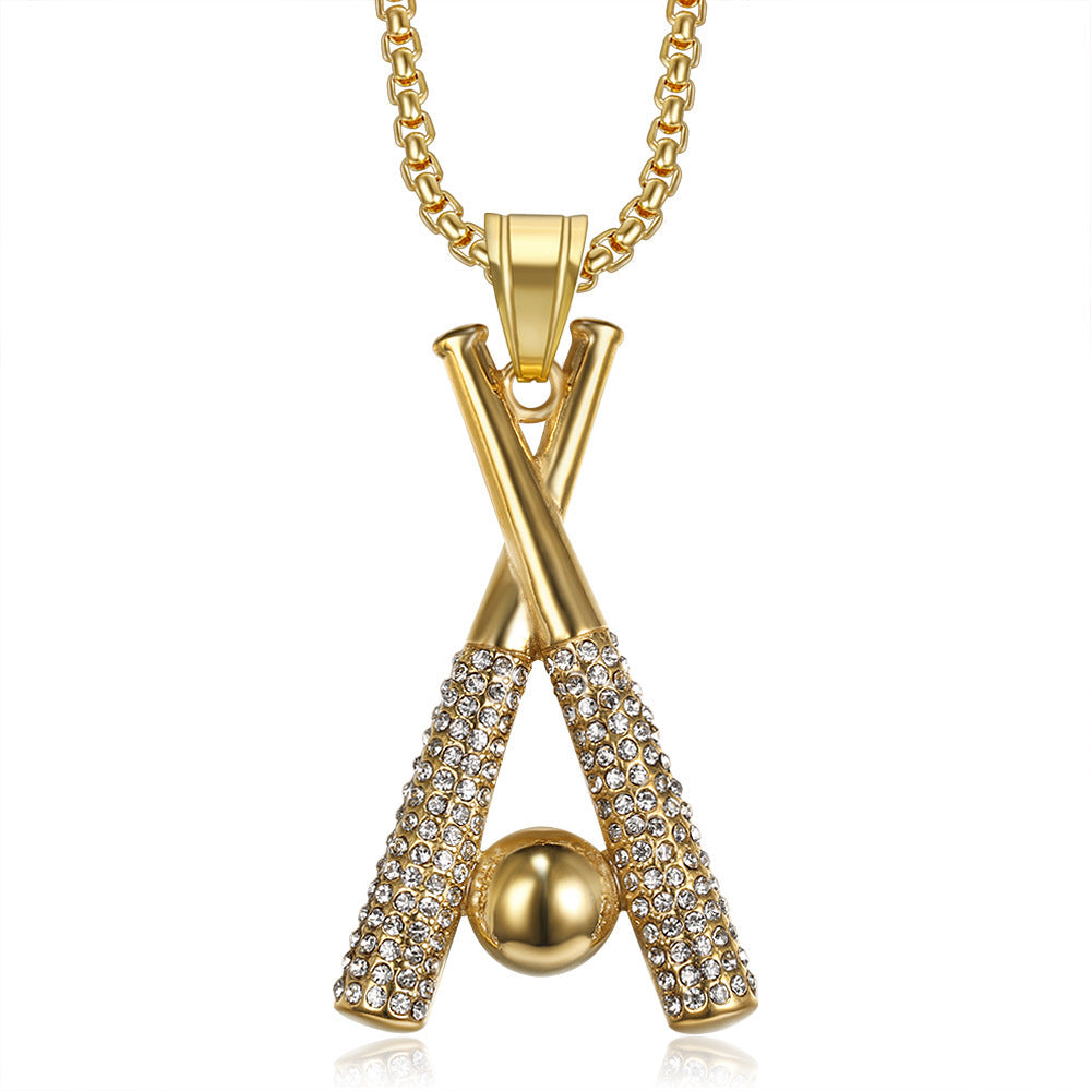 1069 Rhinestone Baseball Bat Pendant – Gold-Plated Stainless Steel