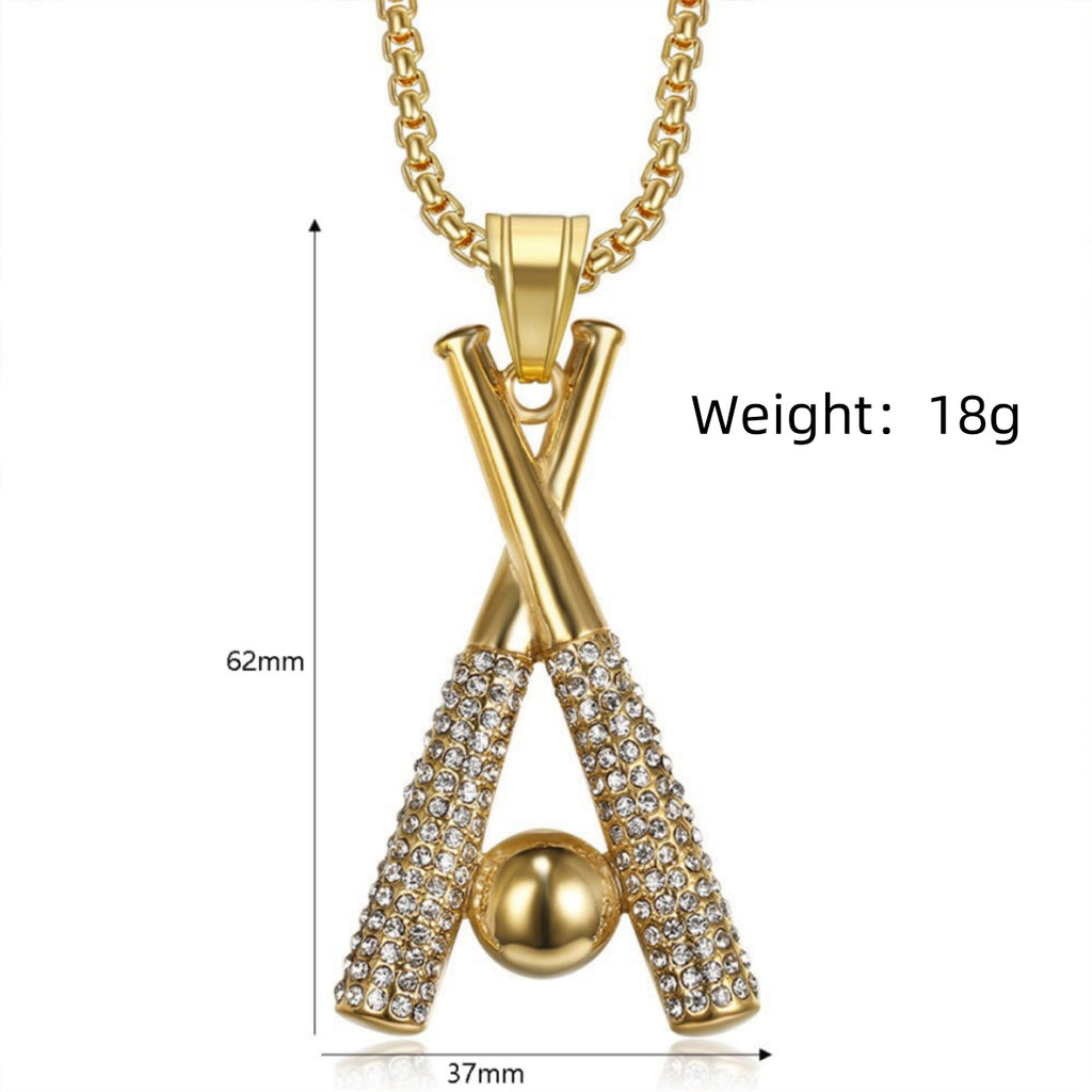 1069 Rhinestone Baseball Bat Pendant – Gold-Plated Stainless Steel