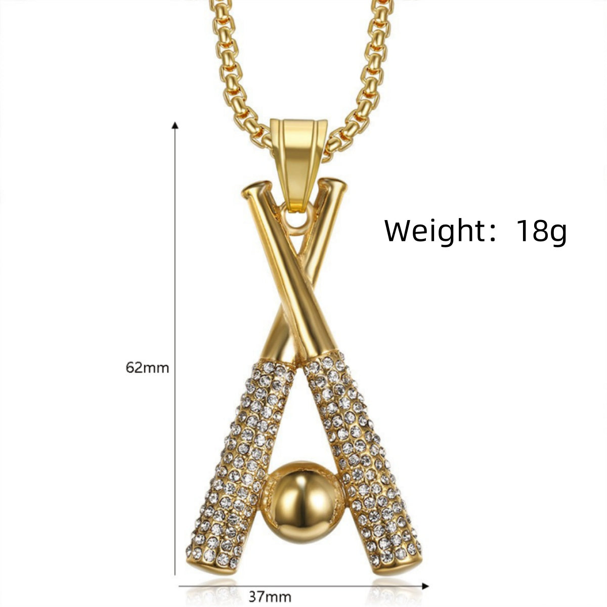 1069 Rhinestone Baseball Bat Pendant – Gold-Plated Stainless Steel