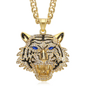 1072 Tiger Head Rhinestone Pendant – Gold-Plated Stainless Steel – Blue Eyes