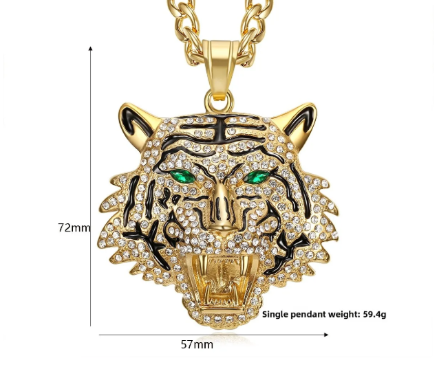 1075 Tiger Head Rhinestone Pendant – Stainless Steel – Red Eyes